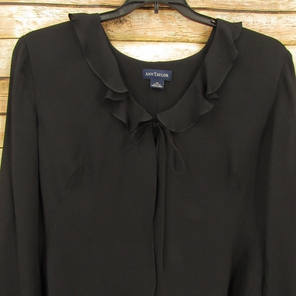 Ann Taylor Black Split Front Tie Collar Silk Cover M - Picture 5 of 15